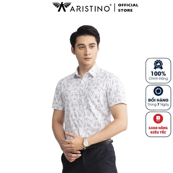 Áo Sơ Mi Nam Ngắn Tay Aristino ASS052S3 màu Trắng in họa tiết xanh