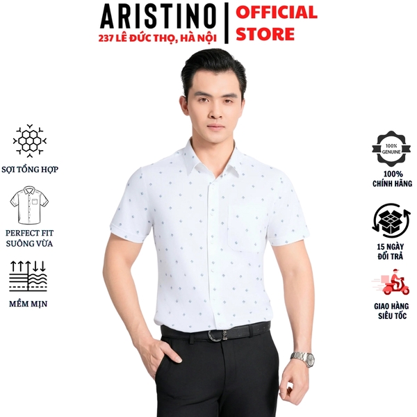 Áo Sơ Mi Nam Ngắn Tay Aristino ASS056AS3 màu trắng in họa tiết dáng sáng suông Perfect fit tà bằng