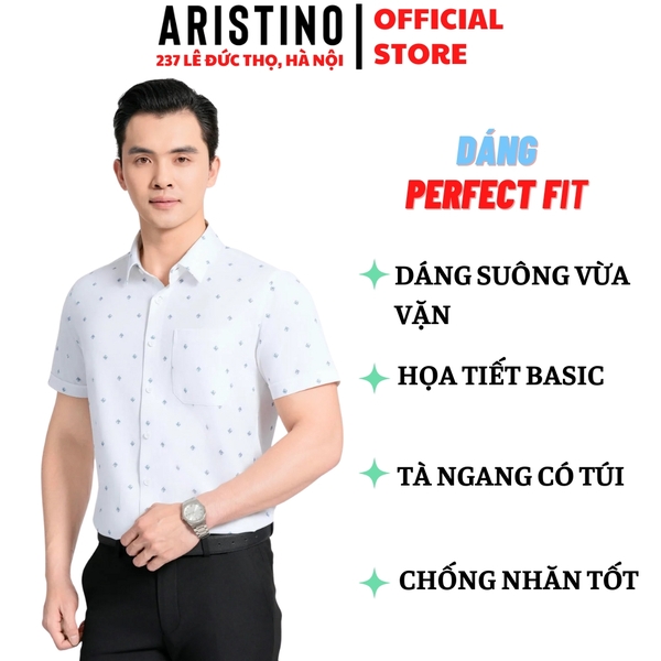 Áo Sơ Mi Nam Ngắn Tay Aristino ASS056AS3 màu trắng in họa tiết dáng sáng suông Perfect fit tà bằng
