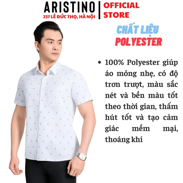 Áo Sơ Mi Nam Ngắn Tay Aristino ASS056AS3 màu trắng in họa tiết dáng sáng suông Perfect fit tà bằng