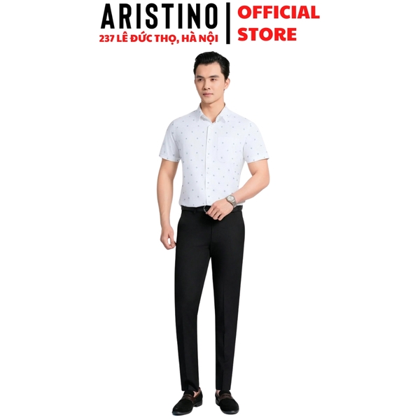 Áo Sơ Mi Nam Ngắn Tay Aristino ASS056AS3 màu trắng in họa tiết dáng sáng suông Perfect fit tà bằng