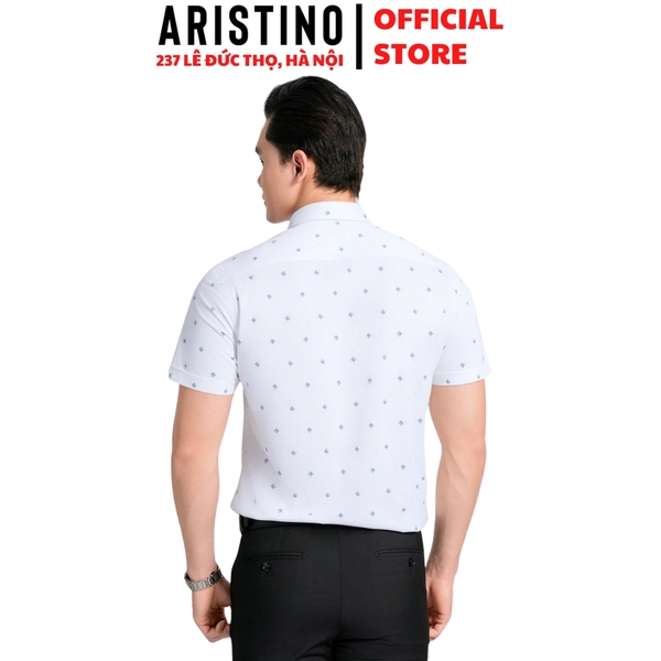 Áo Sơ Mi Nam Ngắn Tay Aristino ASS056AS3 màu trắng in họa tiết dáng sáng suông Perfect fit tà bằng