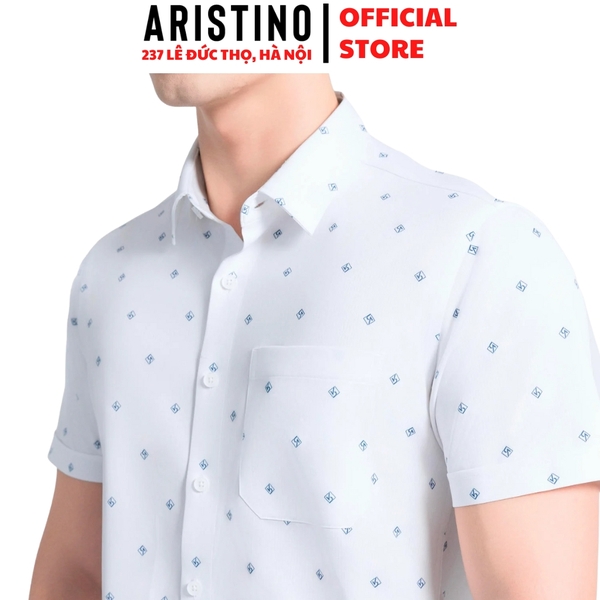 Áo Sơ Mi Nam Ngắn Tay Aristino ASS056AS3 màu trắng in họa tiết dáng sáng suông Perfect fit tà bằng