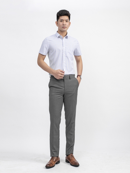 Áo Sơ Mi Nam Ngắn Tay Aristino ASS085S9 Màu Trắng Caro Xanh Vải Sợi Tre Dáng Suông Tà Bằng Có Túi
