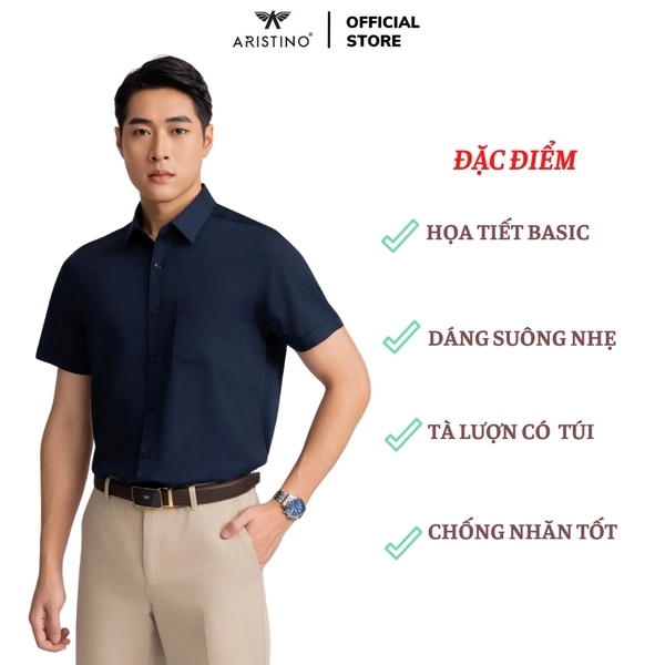 Áo Sơ Mi Nam Ngắn Tay Aristino ASS160AZ màu xanh tím than solid