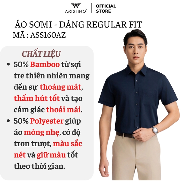 Áo Sơ Mi Nam Ngắn Tay Aristino ASS160AZ màu xanh tím than solid