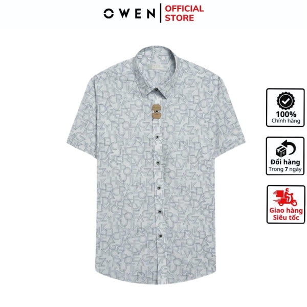 Áo sơ mi nam tay ngắn Owen AS240065N màu trắng in họa tiết dáng ôm slim fit tà lượn không túi chất liệu bamboo poly