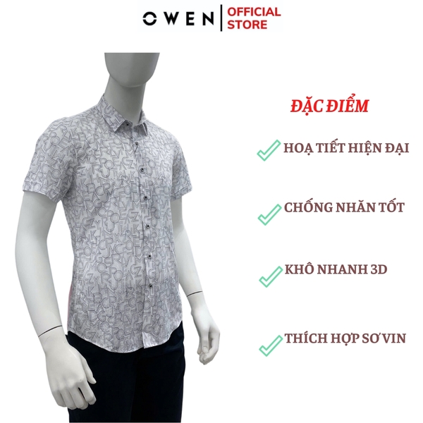 Áo sơ mi nam tay ngắn Owen AS240065N màu trắng in họa tiết dáng ôm slim fit tà lượn không túi chất liệu bamboo poly