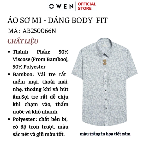Áo sơ mi nam tay ngắn Owen AS240065N màu trắng in họa tiết dáng ôm slim fit tà lượn không túi chất liệu bamboo poly