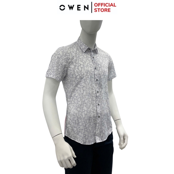 Áo sơ mi nam tay ngắn Owen AS240065N màu trắng in họa tiết dáng ôm slim fit tà lượn không túi chất liệu bamboo poly