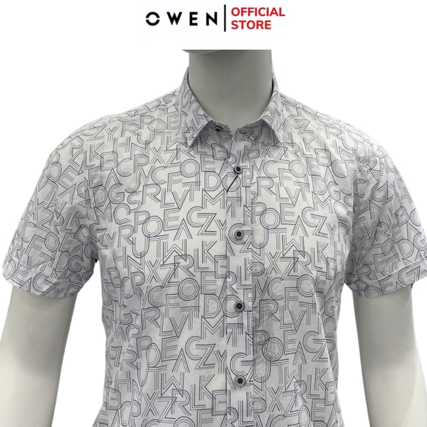 Áo sơ mi nam tay ngắn Owen AS240065N màu trắng in họa tiết dáng ôm slim fit tà lượn không túi chất liệu bamboo poly