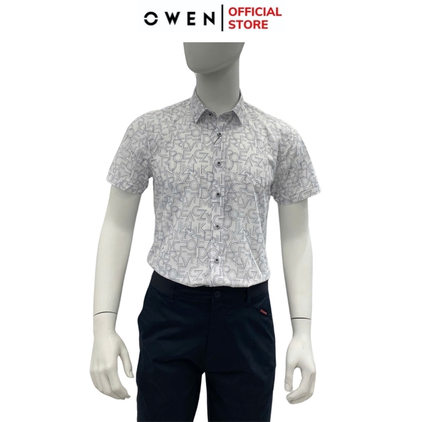 Áo sơ mi nam tay ngắn Owen AS240065N màu trắng in họa tiết dáng ôm slim fit tà lượn không túi chất liệu bamboo poly