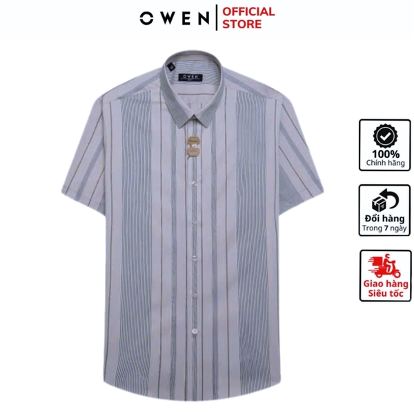 Áo sơ mi nam tay ngắn Owen AS250101N màu hồng nhạt kẻ xanh dáng ôm slim fit tà lượn không túi Chất liệu bamboo poly