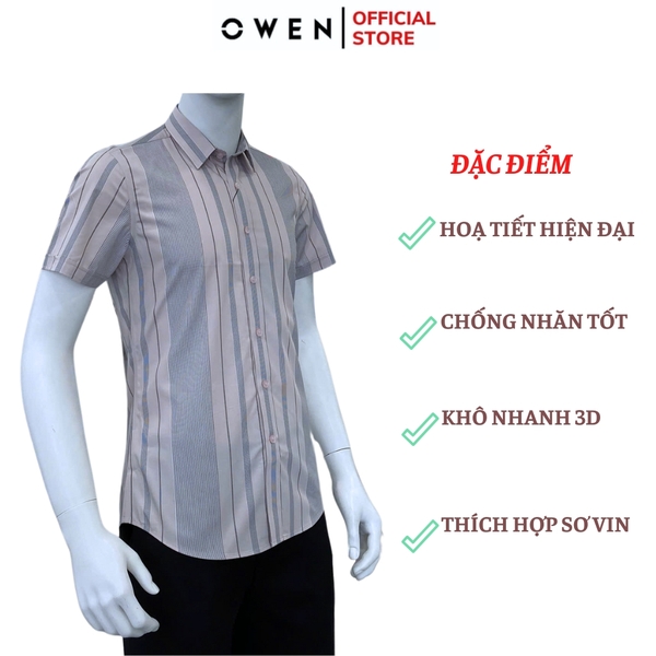 Áo sơ mi nam tay ngắn Owen AS250101N màu hồng nhạt kẻ xanh dáng ôm slim fit tà lượn không túi Chất liệu bamboo poly