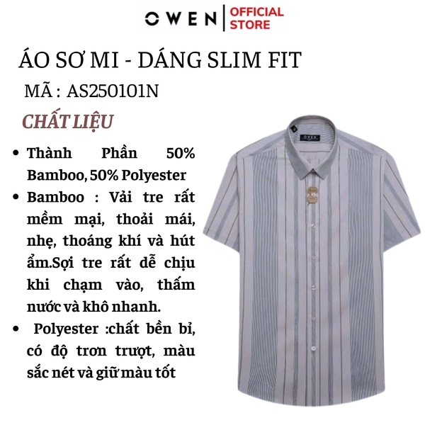 Áo sơ mi nam tay ngắn Owen AS250101N màu hồng nhạt kẻ xanh dáng ôm slim fit tà lượn không túi Chất liệu bamboo poly