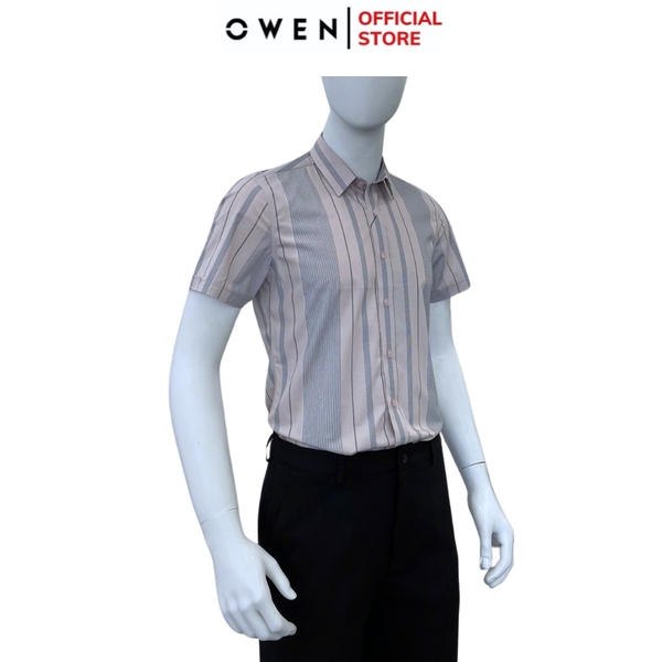 Áo sơ mi nam tay ngắn Owen AS250101N màu hồng nhạt kẻ xanh dáng ôm slim fit tà lượn không túi Chất liệu bamboo poly