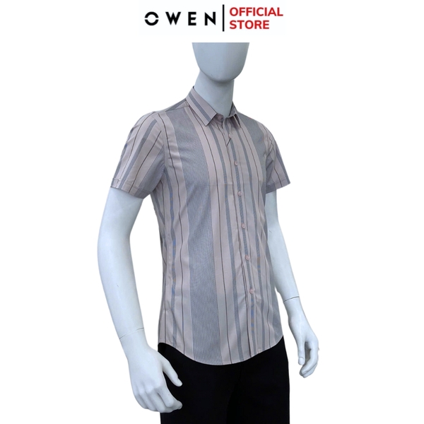 Áo sơ mi nam tay ngắn Owen AS250101N màu hồng nhạt kẻ xanh dáng ôm slim fit tà lượn không túi Chất liệu bamboo poly