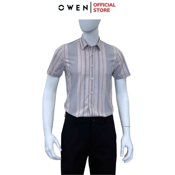 Áo sơ mi nam tay ngắn Owen AS250101N màu hồng nhạt kẻ xanh dáng ôm slim fit tà lượn không túi Chất liệu bamboo poly