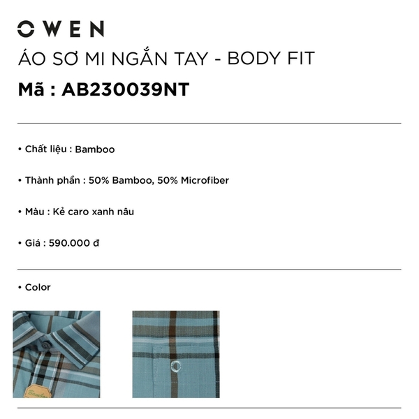 Áo Sơ Mi Nam Tay Ngắn Owen AB230039NT màu kẻ caro xanh nâu dáng body fit tà bằng có túi vải sợi tre