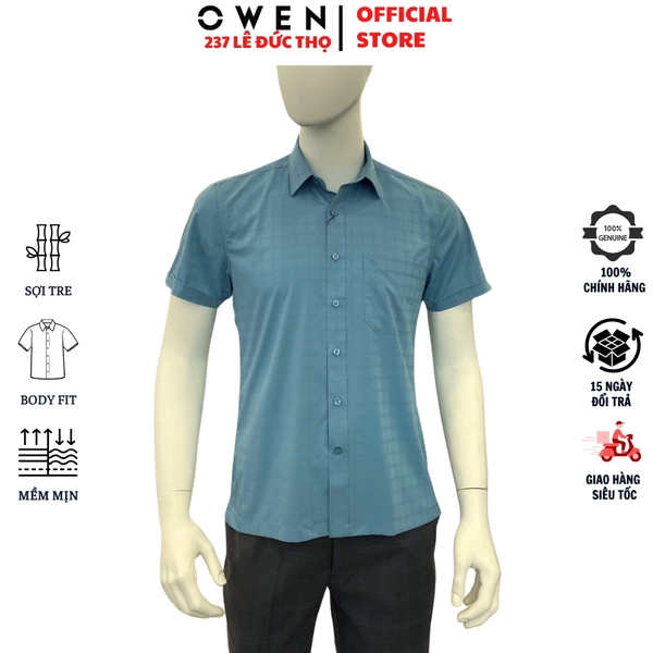 Áo sơ mi nam tay ngắn Owen AB250021NT màu xanh cổ vịt kẻ caro dáng suông body fit tà bằng có túi chất liệu bamboo spandex