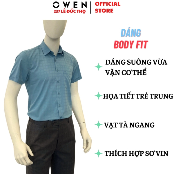 Áo sơ mi nam tay ngắn Owen AB250021NT màu xanh cổ vịt kẻ caro dáng suông body fit tà bằng có túi chất liệu bamboo spandex