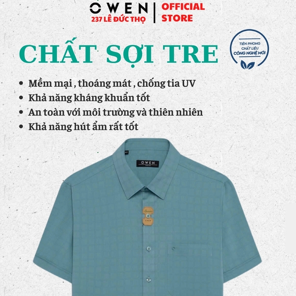 Áo sơ mi nam tay ngắn Owen AB250021NT màu xanh cổ vịt kẻ caro dáng suông body fit tà bằng có túi chất liệu bamboo spandex