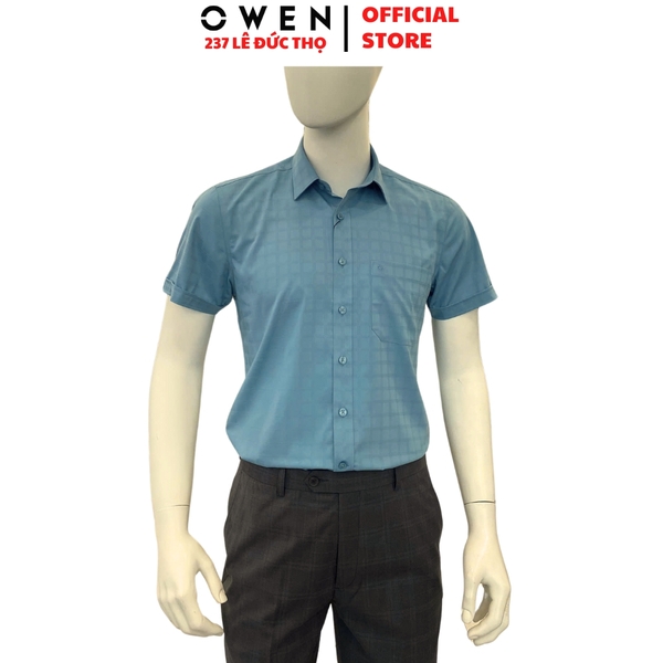 Áo sơ mi nam tay ngắn Owen AB250021NT màu xanh cổ vịt kẻ caro dáng suông body fit tà bằng có túi chất liệu bamboo spandex