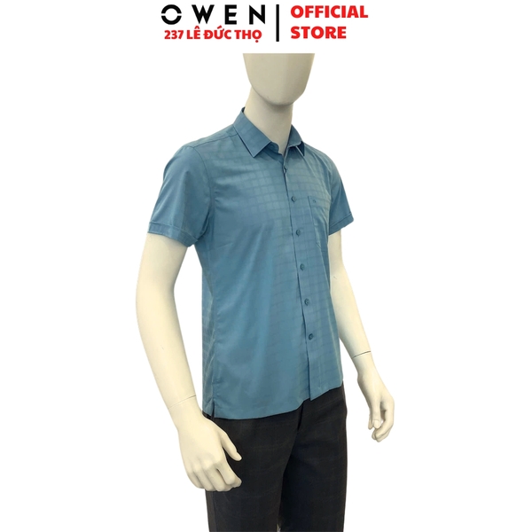 Áo sơ mi nam tay ngắn Owen AB250021NT màu xanh cổ vịt kẻ caro dáng suông body fit tà bằng có túi chất liệu bamboo spandex