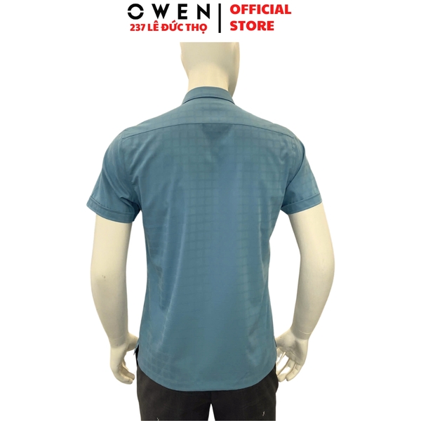 Áo sơ mi nam tay ngắn Owen AB250021NT màu xanh cổ vịt kẻ caro dáng suông body fit tà bằng có túi chất liệu bamboo spandex