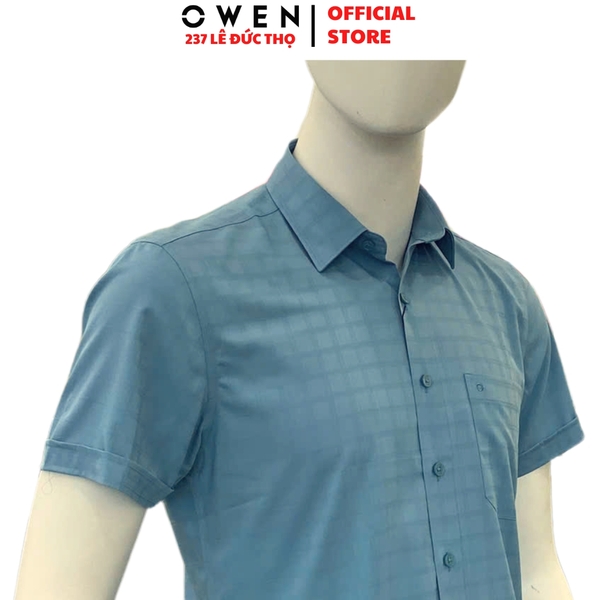 Áo sơ mi nam tay ngắn Owen AB250021NT màu xanh cổ vịt kẻ caro dáng suông body fit tà bằng có túi chất liệu bamboo spandex