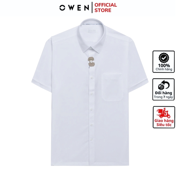 Áo Sơ Mi Trắng Nam Tay Ngắn Owen AB250022NT màu trắng họa tiết kẻ ngang dáng suông body fit tà bằng có túi chất liệu bamboo poly