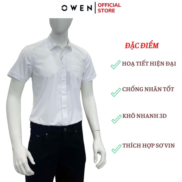Áo Sơ Mi Trắng Nam Tay Ngắn Owen AB250022NT màu trắng họa tiết kẻ ngang dáng suông body fit tà bằng có túi chất liệu bamboo poly