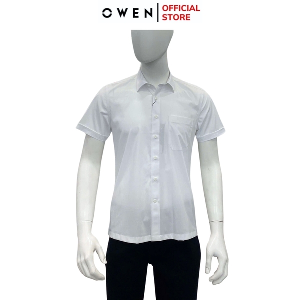 Áo Sơ Mi Trắng Nam Tay Ngắn Owen AB250022NT màu trắng họa tiết kẻ ngang dáng suông body fit tà bằng có túi chất liệu bamboo poly
