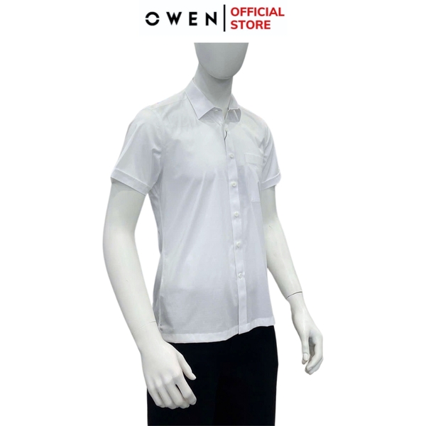 Áo Sơ Mi Trắng Nam Tay Ngắn Owen AB250022NT màu trắng họa tiết kẻ ngang dáng suông body fit tà bằng có túi chất liệu bamboo poly