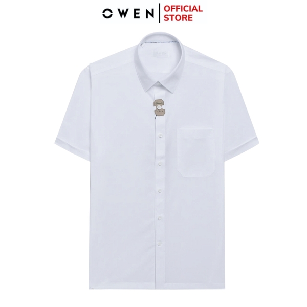 Áo Sơ Mi Trắng Nam Tay Ngắn Owen AB250022NT màu trắng họa tiết kẻ ngang dáng suông body fit tà bằng có túi chất liệu bamboo poly