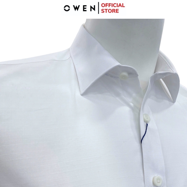 Áo Sơ Mi Trắng Nam Tay Ngắn Owen AB250022NT màu trắng họa tiết kẻ ngang dáng suông body fit tà bằng có túi chất liệu bamboo poly