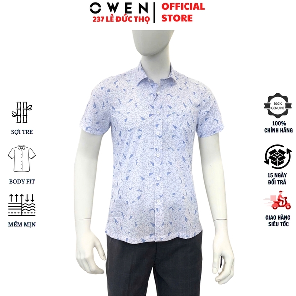 Áo sơ mi nam tay ngắn Owen AB250034NT màu trắng in họa tiết dáng suông body fit tà bằng có túi chất liệu bamboo spandex