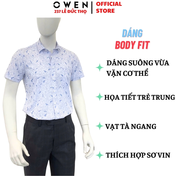 Áo sơ mi nam tay ngắn Owen AB250034NT màu trắng in họa tiết dáng suông body fit tà bằng có túi chất liệu bamboo spandex