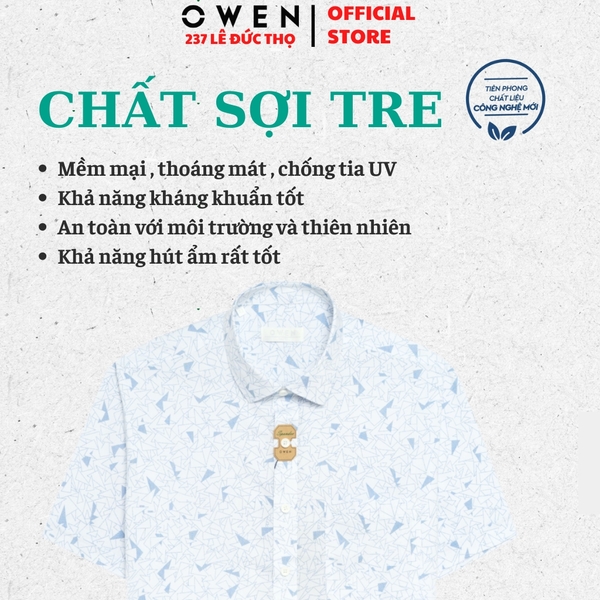 Áo sơ mi nam tay ngắn Owen AB250034NT màu trắng in họa tiết dáng suông body fit tà bằng có túi chất liệu bamboo spandex