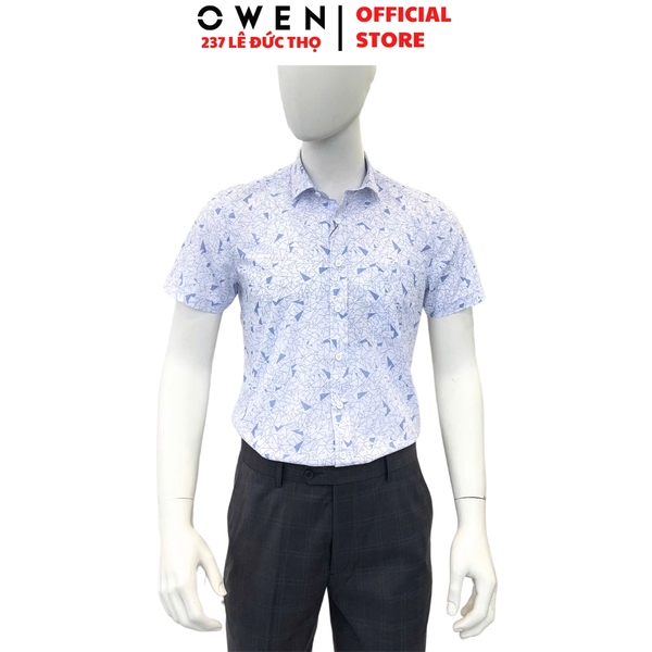 Áo sơ mi nam tay ngắn Owen AB250034NT màu trắng in họa tiết dáng suông body fit tà bằng có túi chất liệu bamboo spandex