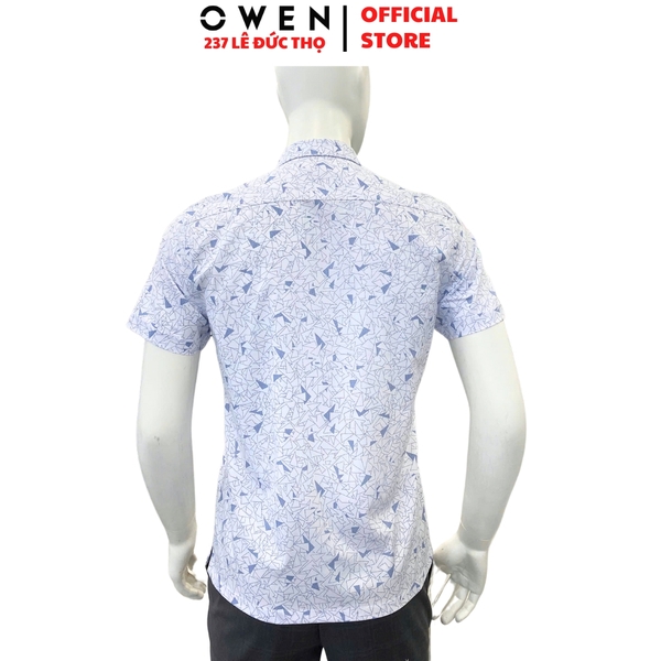 Áo sơ mi nam tay ngắn Owen AB250034NT màu trắng in họa tiết dáng suông body fit tà bằng có túi chất liệu bamboo spandex