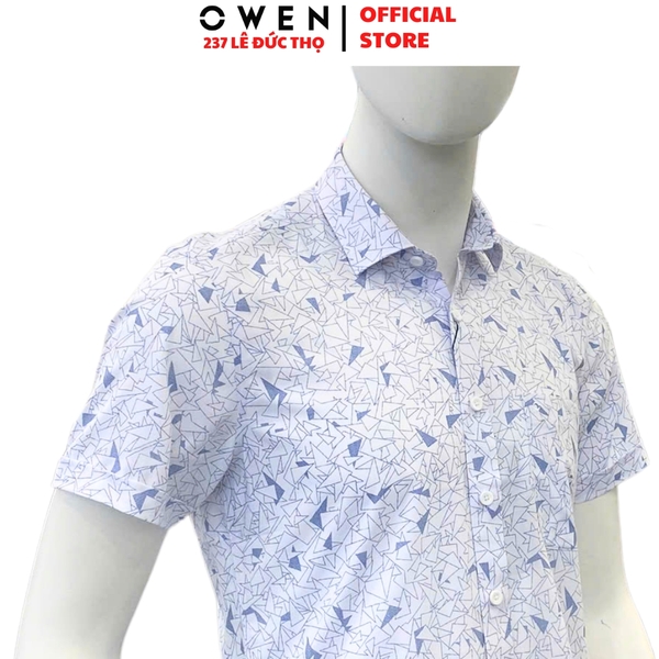 Áo sơ mi nam tay ngắn Owen AB250034NT màu trắng in họa tiết dáng suông body fit tà bằng có túi chất liệu bamboo spandex