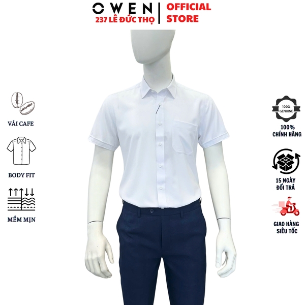 Áo sơ mi trắng nam tay ngắn Owen AB250400NT màu trắng trơn dáng suông body fit tà bằng có túi chất liệu S-Cafe