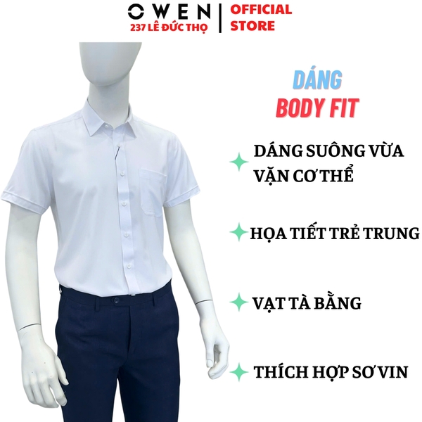 Áo sơ mi trắng nam tay ngắn Owen AB250400NT màu trắng trơn dáng suông body fit tà bằng có túi chất liệu S-Cafe