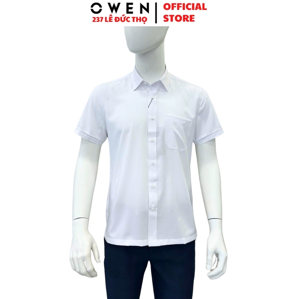 Áo sơ mi trắng nam tay ngắn Owen AB250400NT màu trắng trơn dáng suông body fit tà bằng có túi chất liệu S-Cafe