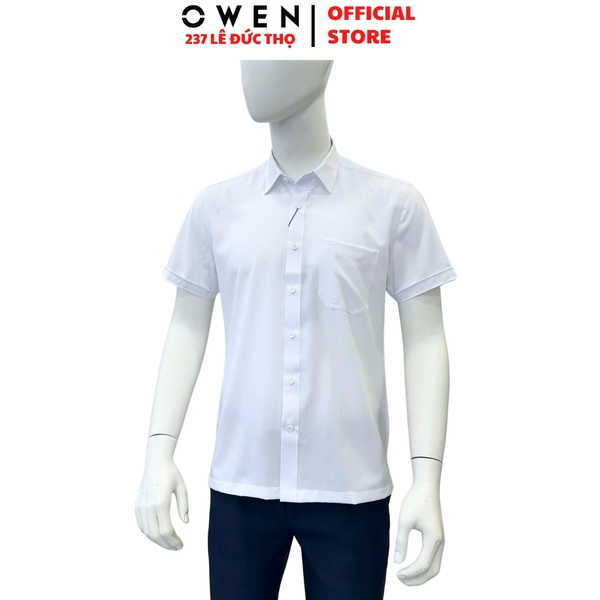 Áo sơ mi trắng nam tay ngắn Owen AB250400NT màu trắng trơn dáng suông body fit tà bằng có túi chất liệu S-Cafe