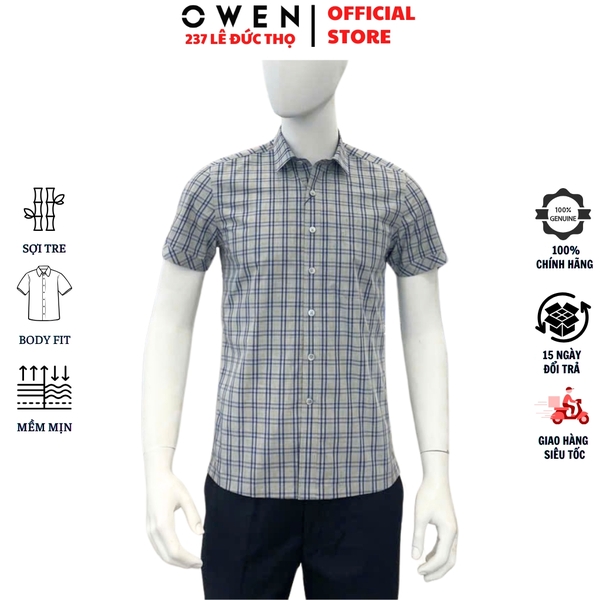 Áo sơ mi nam tay ngắn Owen AB250043NT màu xám kẻ caro dáng suông body fit tà bằng có túi Chất liệu Bamboo poly