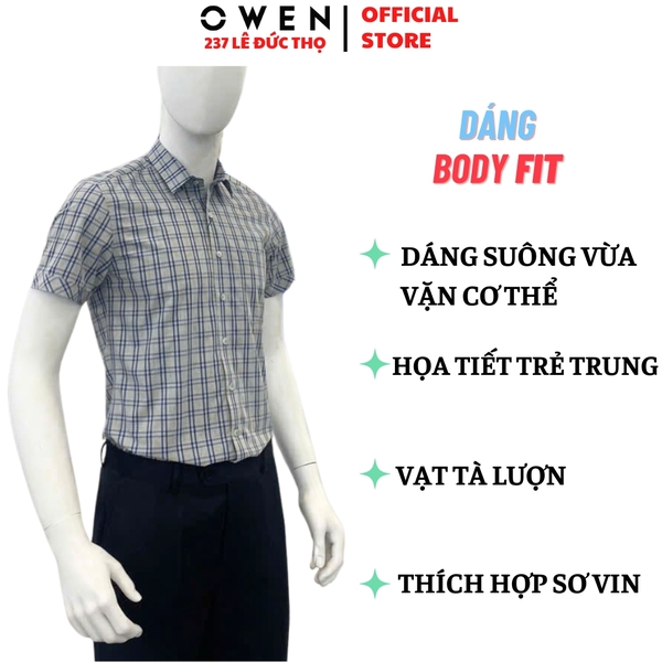 Áo sơ mi nam tay ngắn Owen AB250043NT màu xám kẻ caro dáng suông body fit tà bằng có túi Chất liệu Bamboo poly