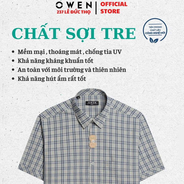 Áo sơ mi nam tay ngắn Owen AB250043NT màu xám kẻ caro dáng suông body fit tà bằng có túi Chất liệu Bamboo poly