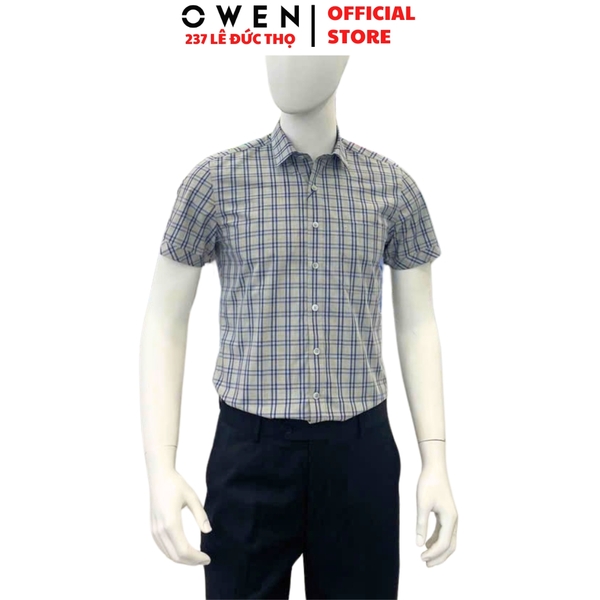 Áo sơ mi nam tay ngắn Owen AB250043NT màu xám kẻ caro dáng suông body fit tà bằng có túi Chất liệu Bamboo poly